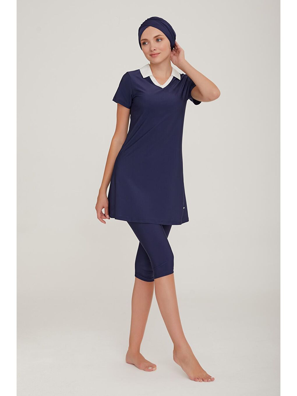 Kısa Kol Yakalı Taytlı Yarı Kapalı Mayo Agatha 3905 Koyu Lacivert-2