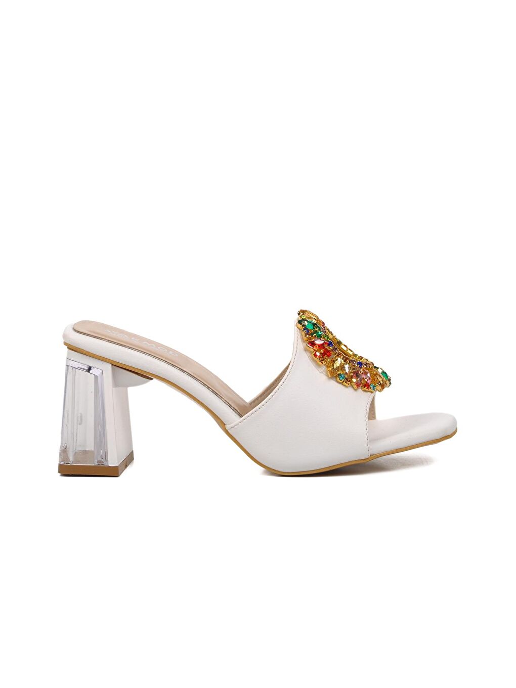 Beyaz Kadın Taşlı Topuklu Terlik 409128