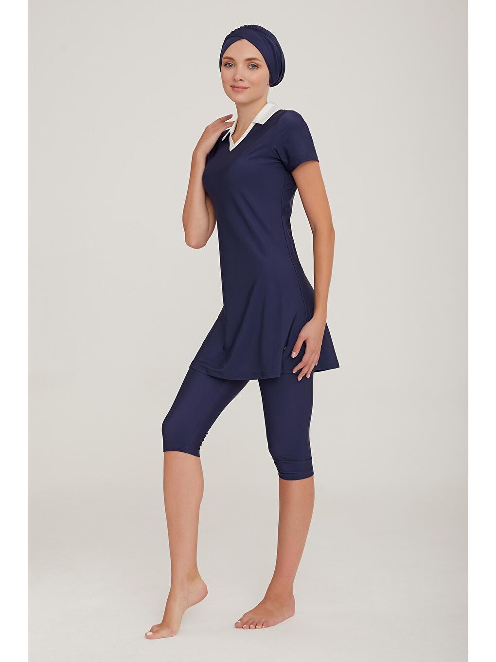 Kısa Kol Yakalı Taytlı Yarı Kapalı Mayo Agatha 3905 Koyu Lacivert-3