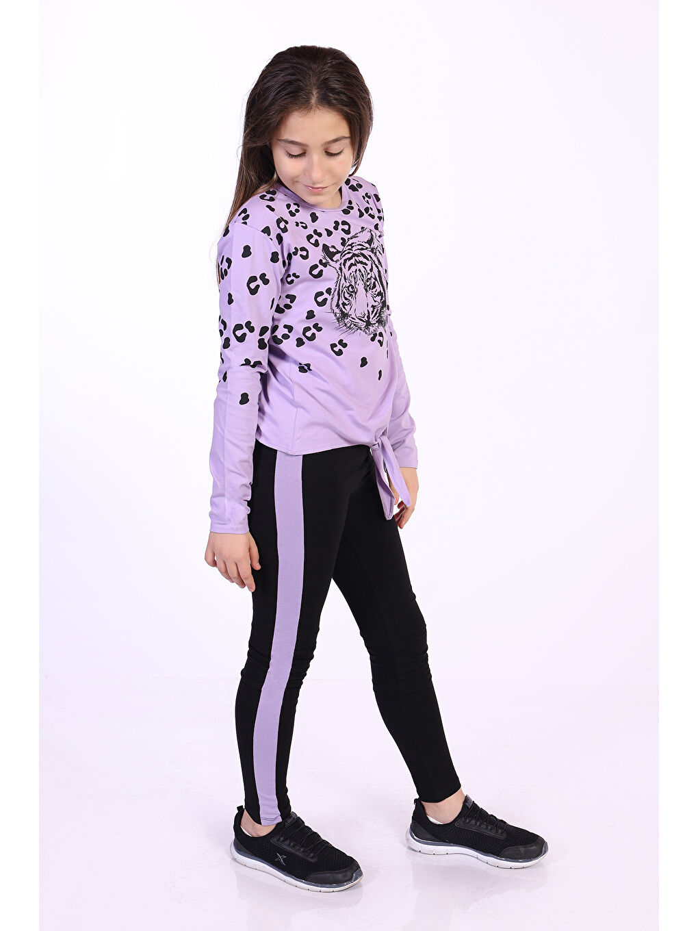 Lila Kız Çocuk Leopar Baskılı Taytlı Takım-1