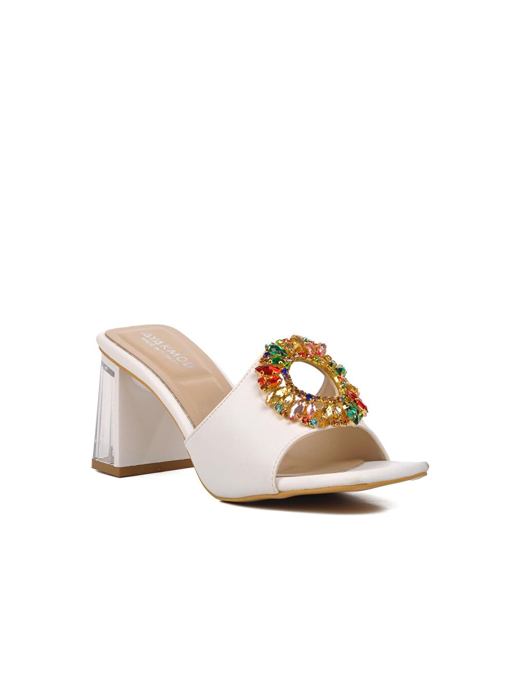 Beyaz Kadın Taşlı Topuklu Terlik 409128-2