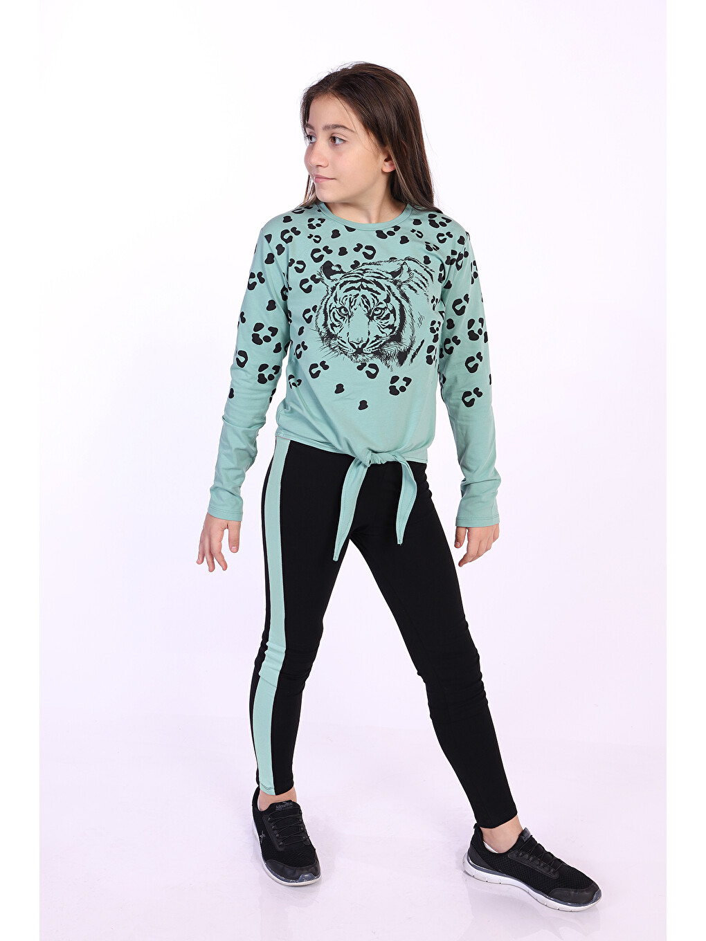 Gri Kız Çocuk Leopar Baskılı Taytlı Takım