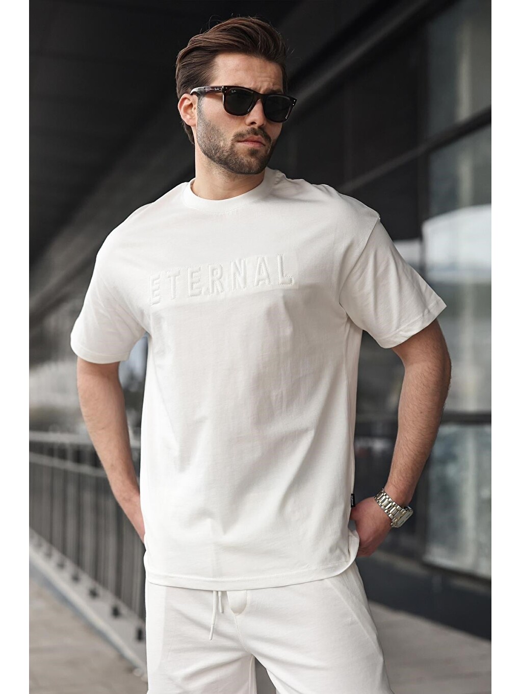 Beyaz Erkek Şort T-shirt Takım E7347-1