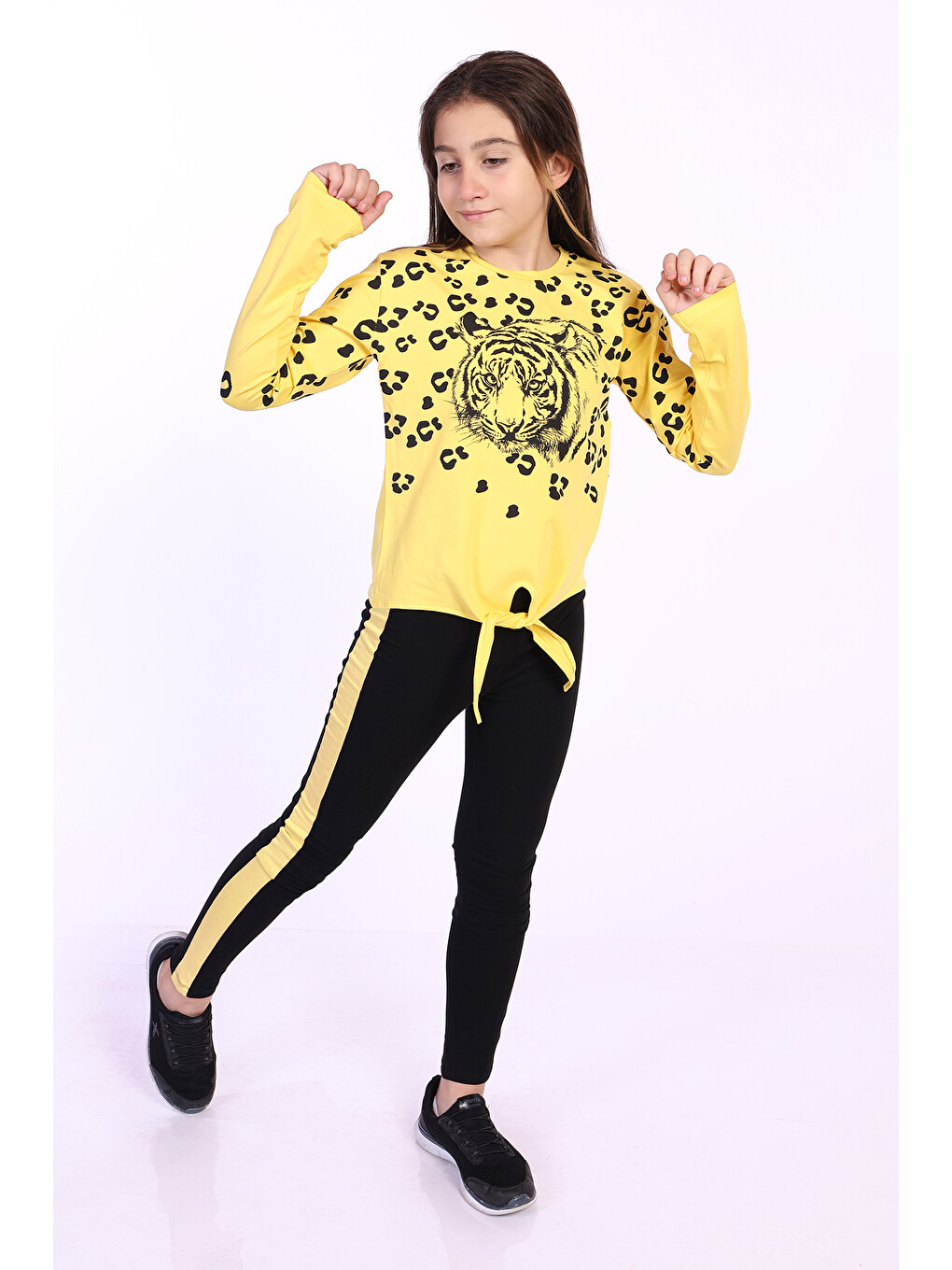 Sarı Kız Çocuk Leopar Baskılı Taytlı Takım