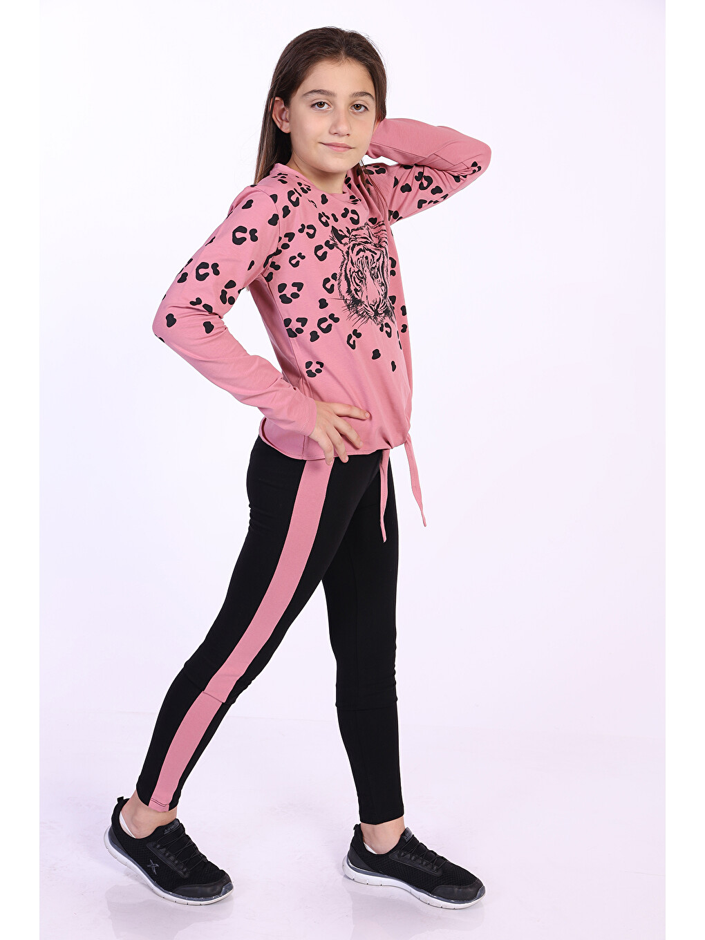 Pembe Kız Çocuk Leopar Baskılı Taytlı Takım