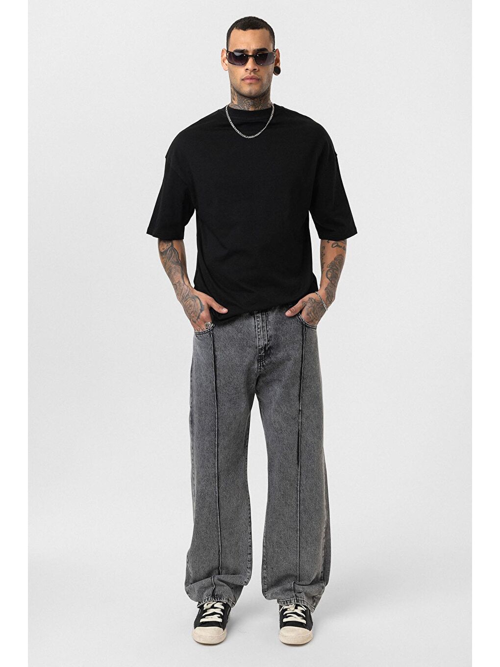 Dikiş Detaylı Relaxed Fit Jean Gri