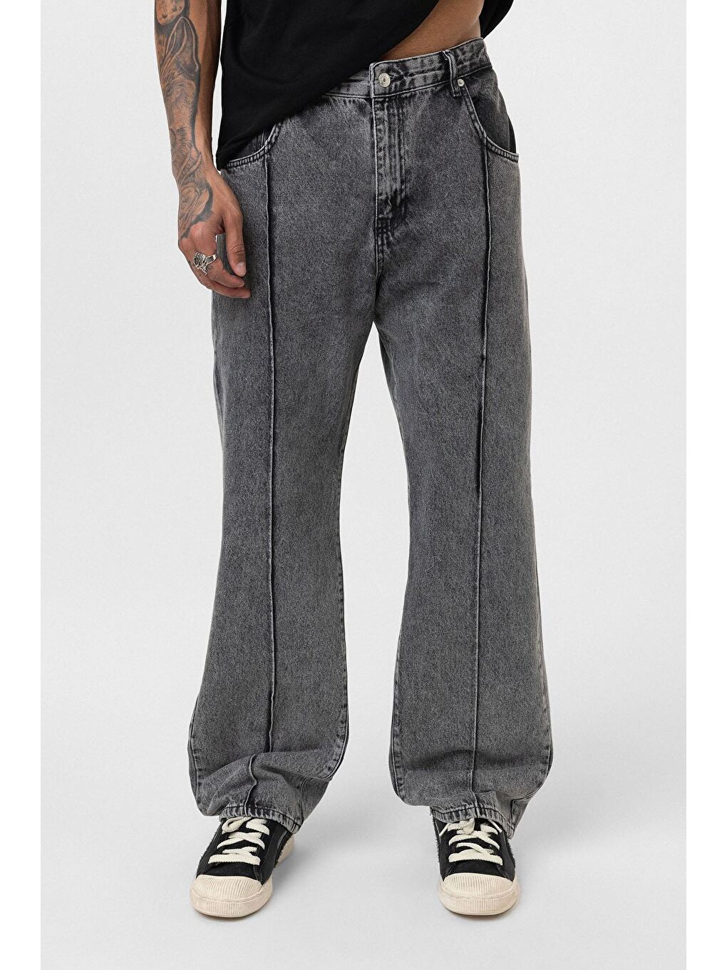 Dikiş Detaylı Relaxed Fit Jean Gri-2