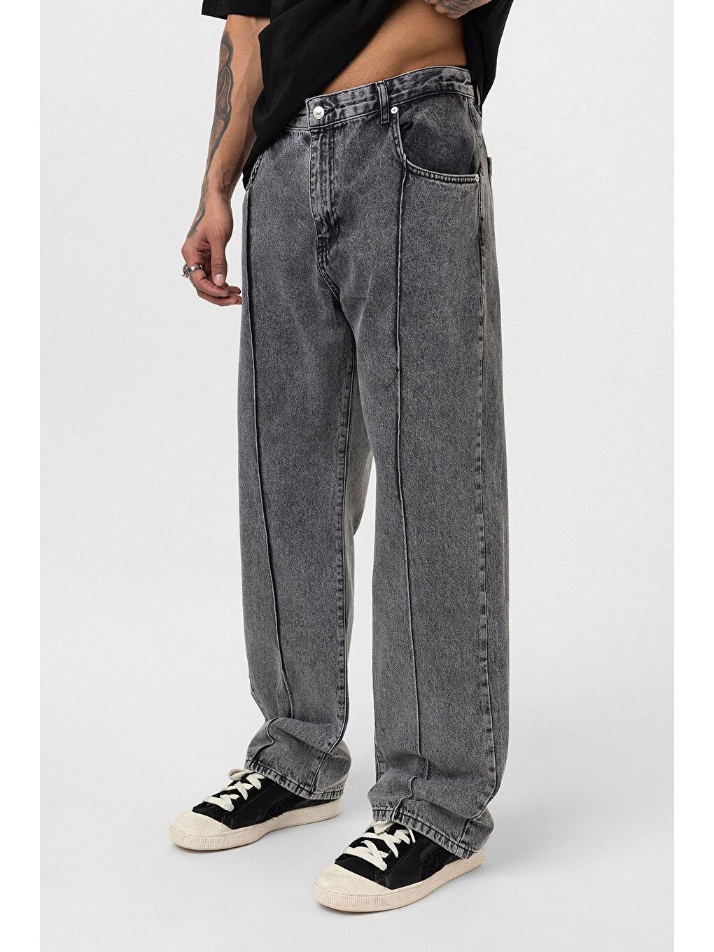 Dikiş Detaylı Relaxed Fit Jean Gri-3