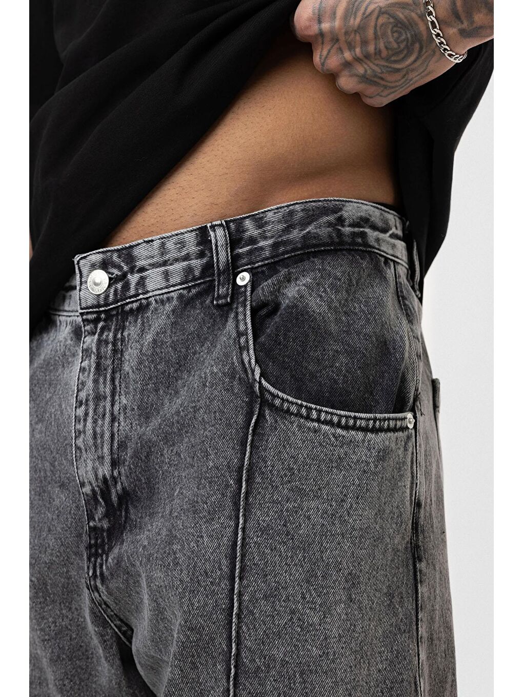 Dikiş Detaylı Relaxed Fit Jean Gri-6