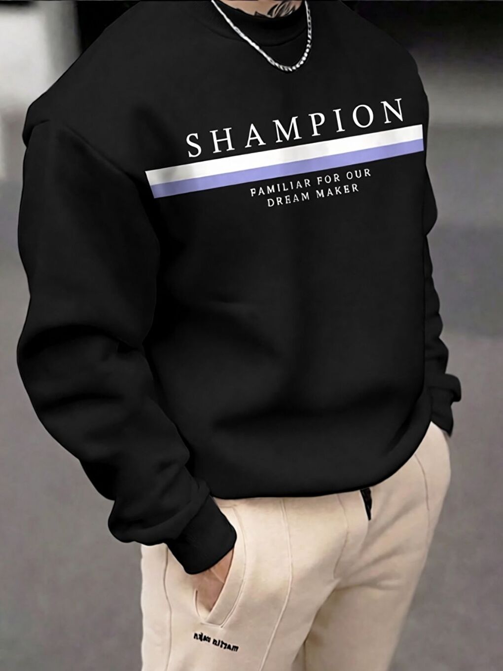 Erkek Siyah Shampion Çizgili Baskılı Regular Bisiklet Yaka Uzun Kollu Sweatshirt