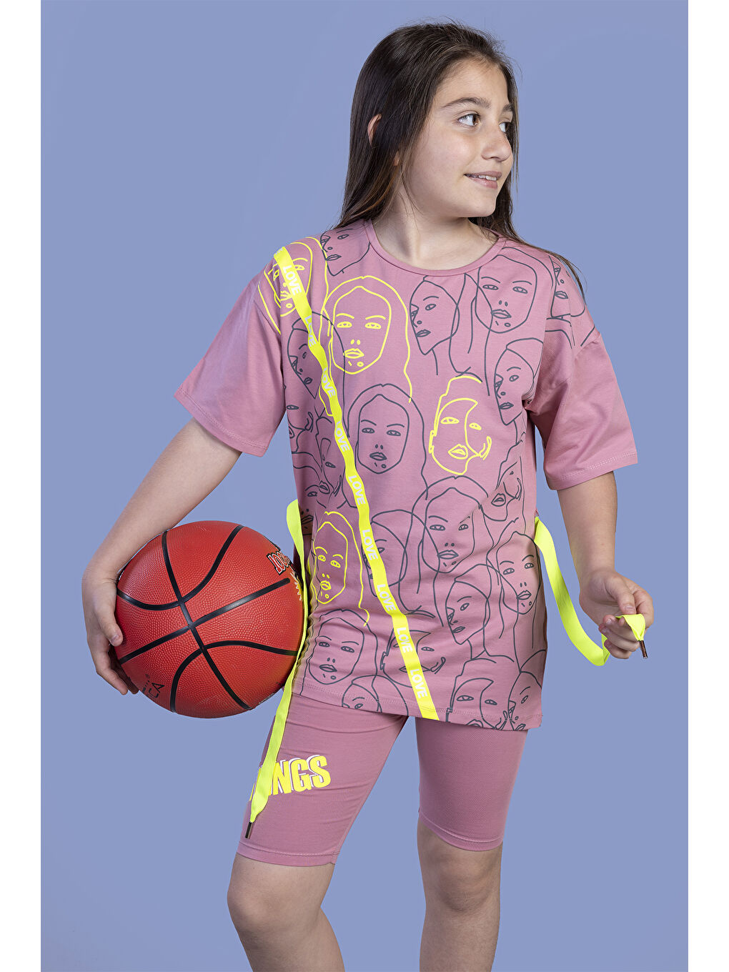 Pembe Kız Çocuk Komple Baskılı Şerit Detaylı Biker Taytlı Takım