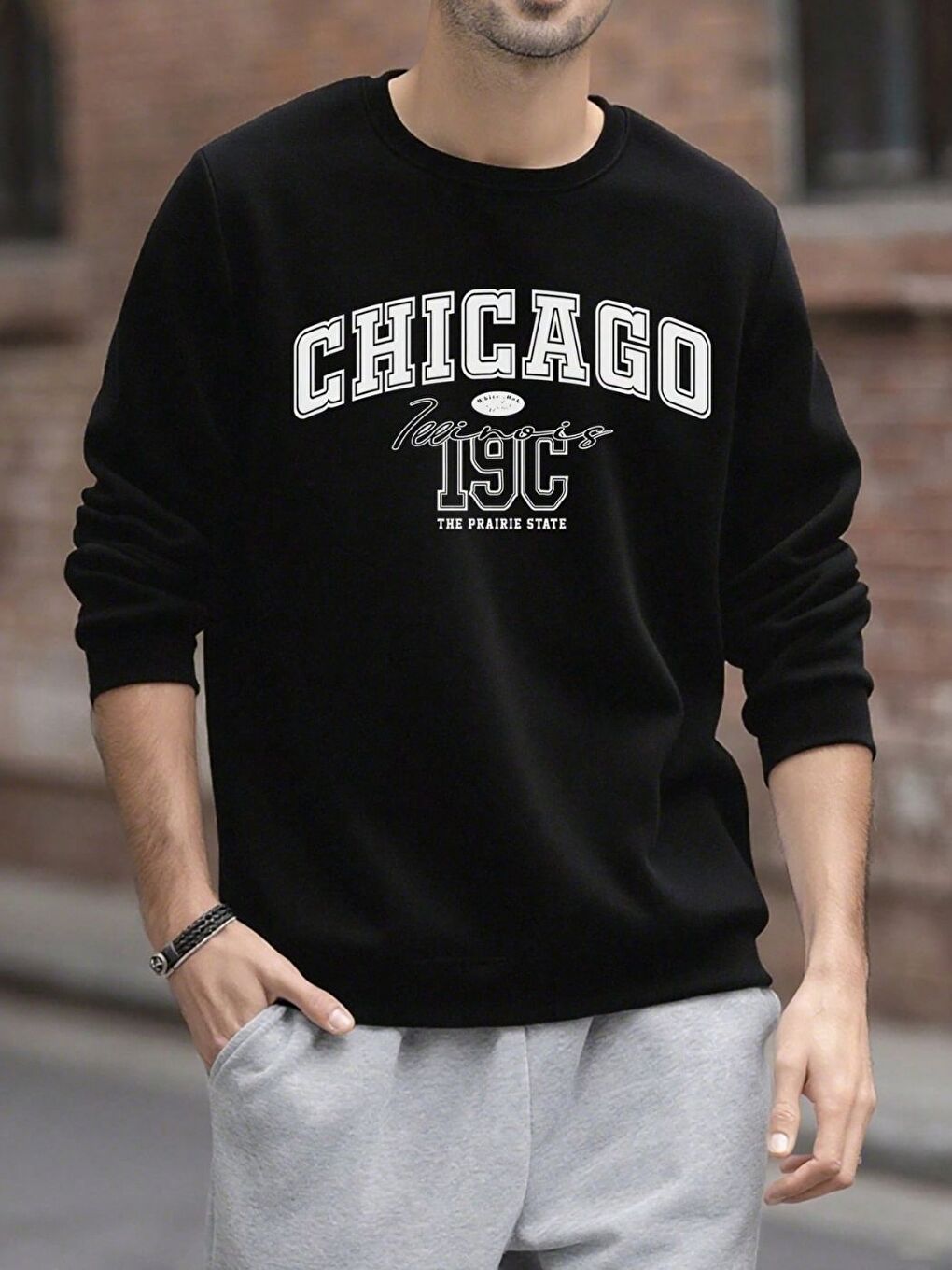 Erkek Siyah 19C Chicago Baskılı Regular Bisiklet Yaka Uzun Kollu Sweatshirt