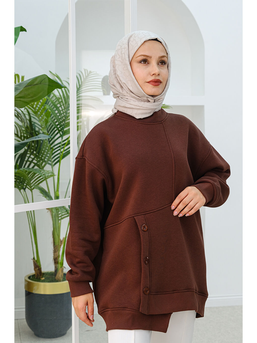 Locco Moda Ön Düğme Detay Oversize Sweatshirt  Kahverengi - 1