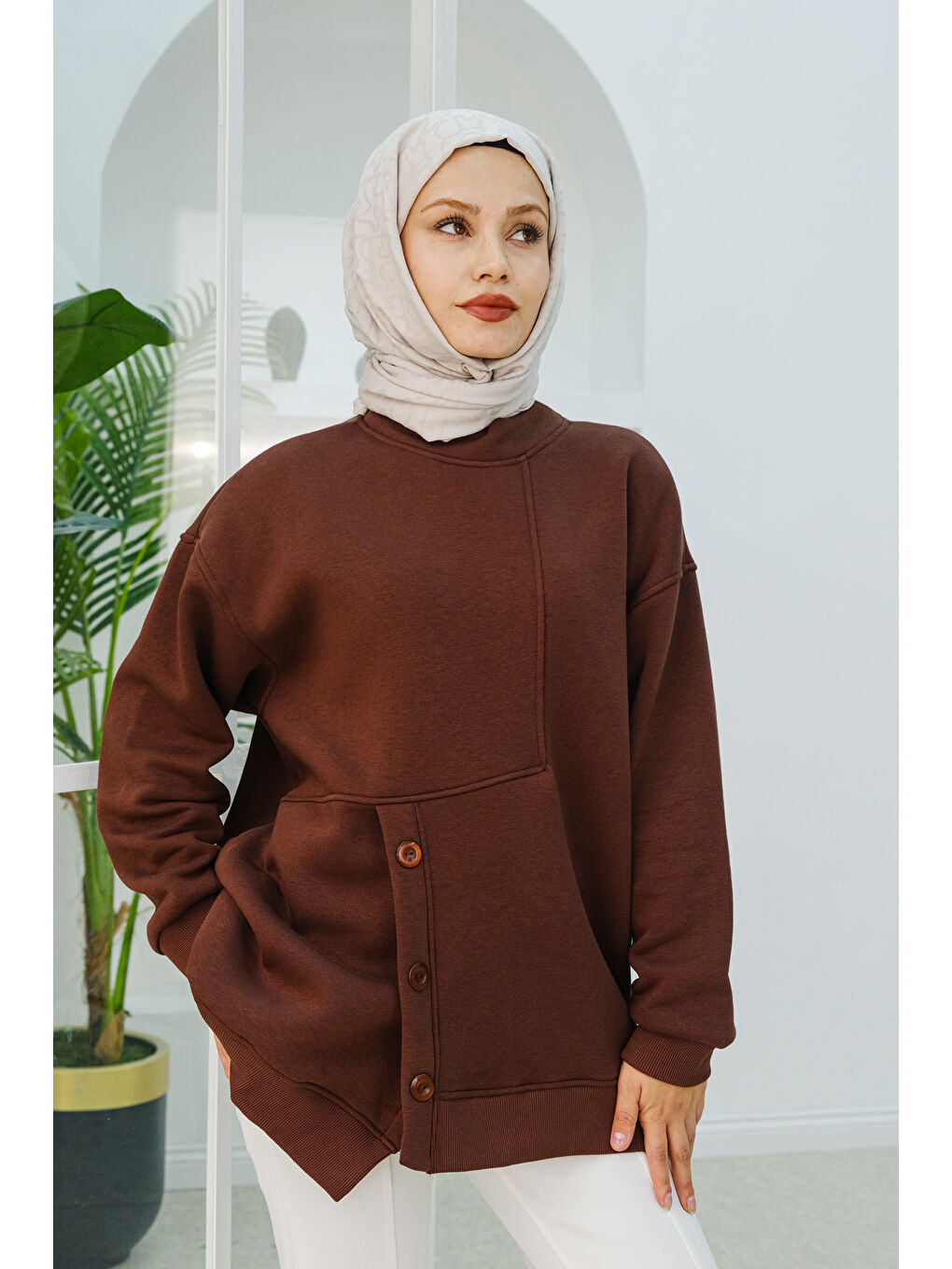 Locco Moda Ön Düğme Detay Oversize Sweatshirt  Kahverengi - 2