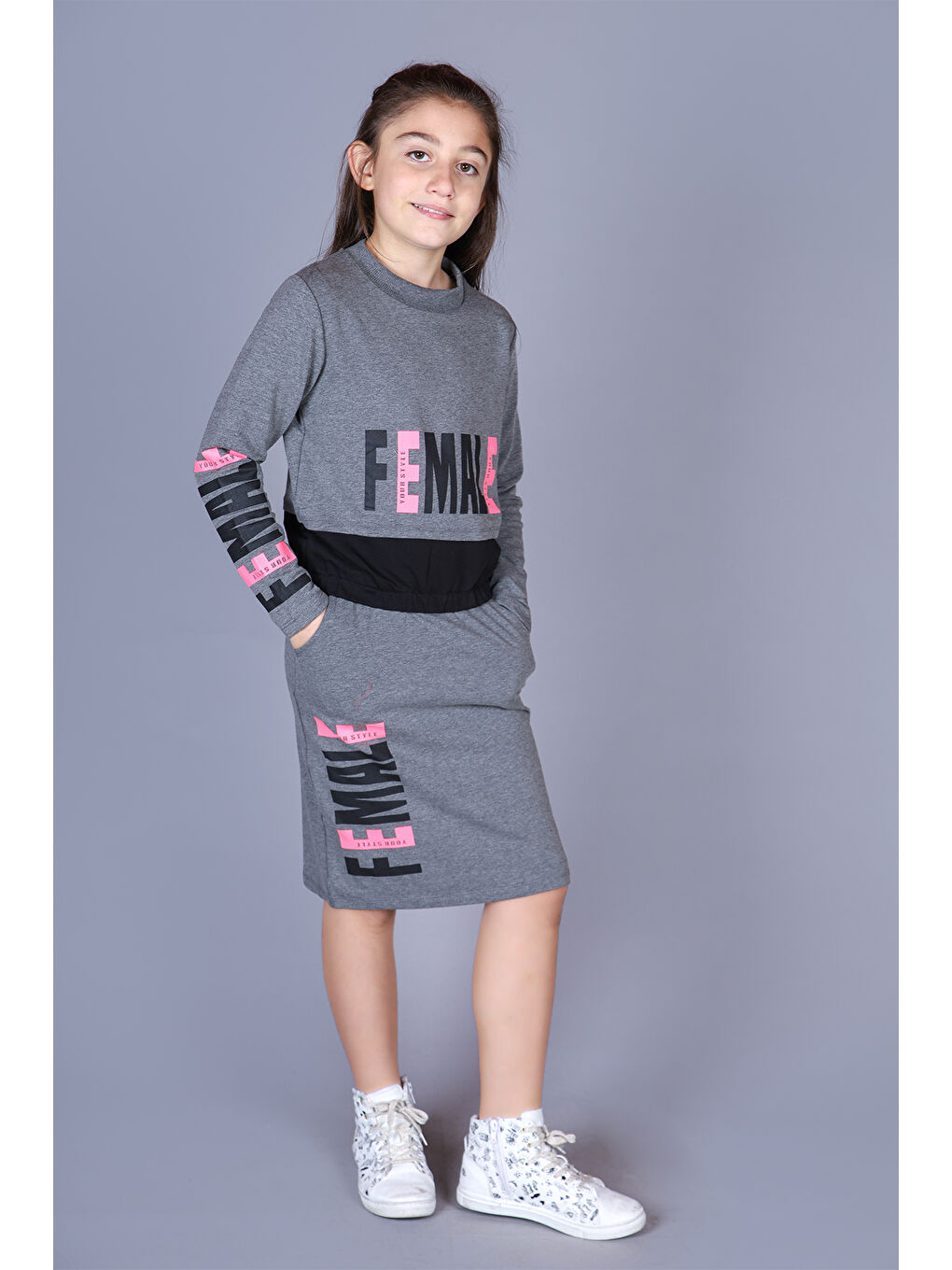 Antrasit Kız Çocuk Female Baskılı Etekli Takım