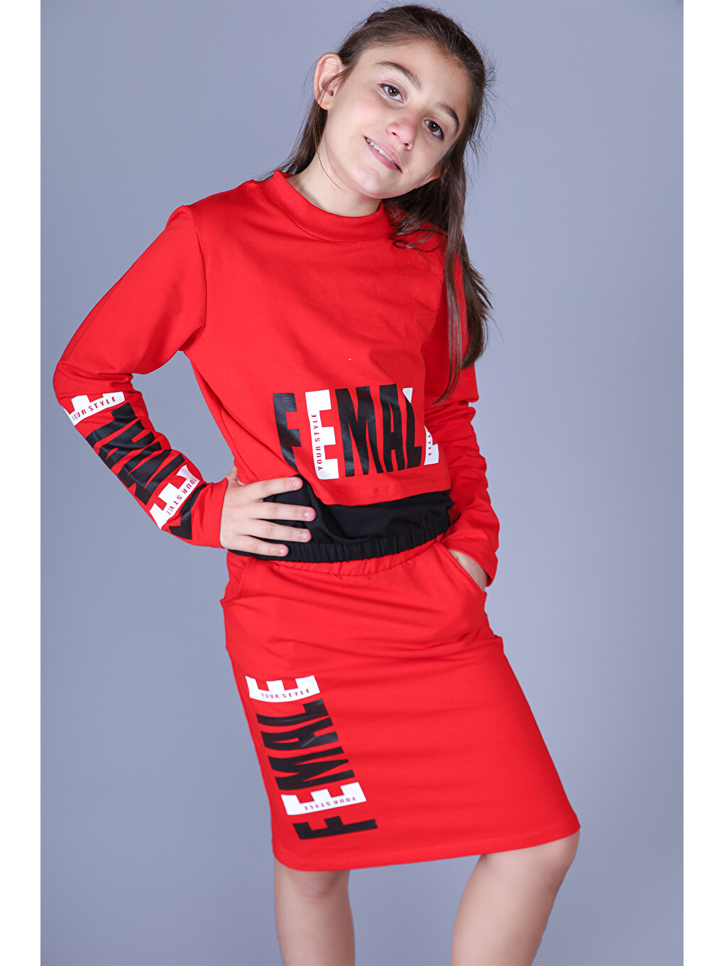 Kırmızı Kız Çocuk Female Baskılı Etekli Takım