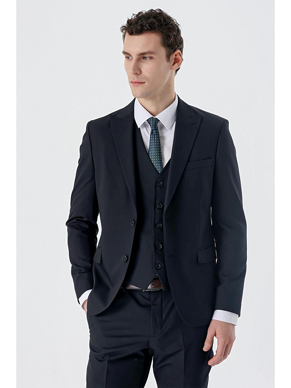 Koyu Lacivert Kırlangıç Yaka Yelekli Elastanlı 6 Drop Slim Fit Klasik Takım Elbise 1001240150