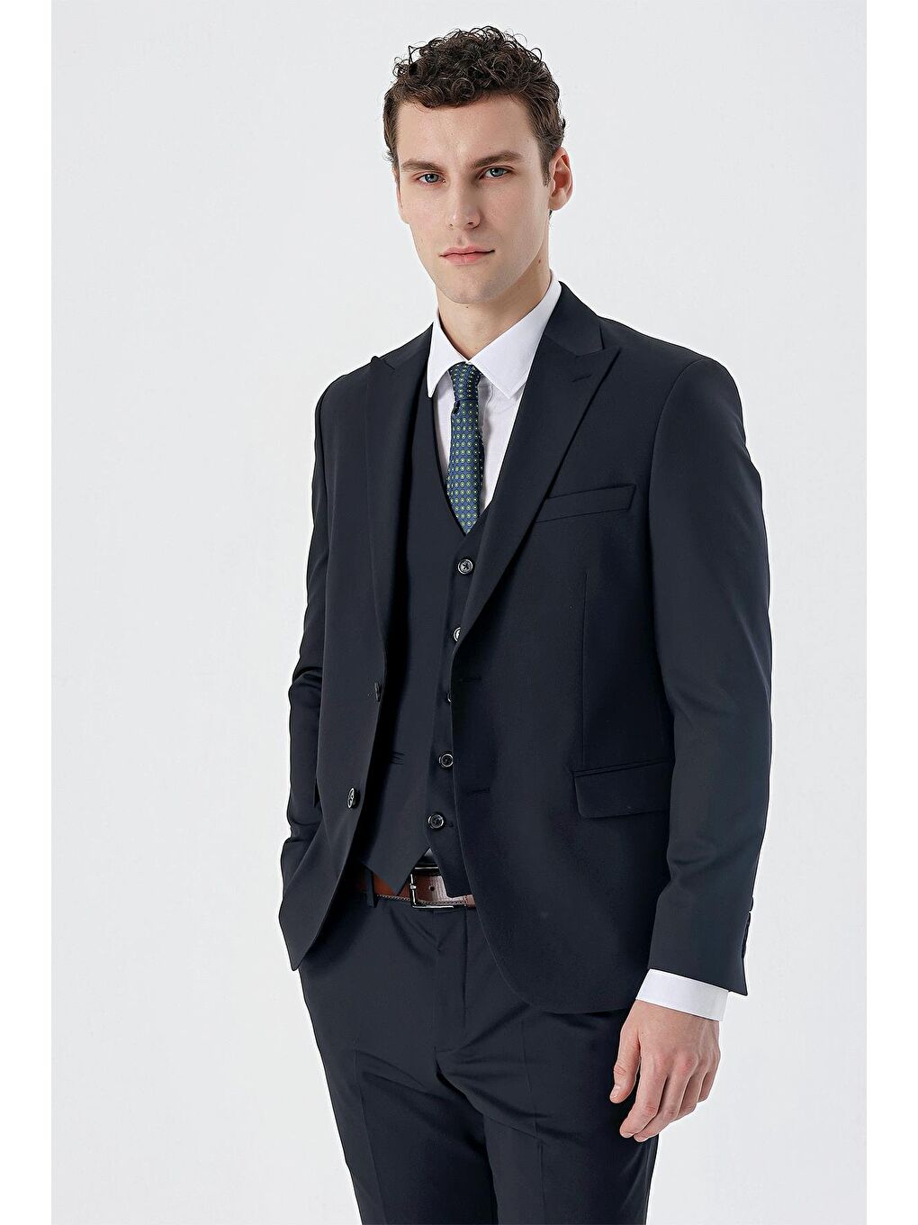 Koyu Lacivert Kırlangıç Yaka Yelekli Elastanlı 6 Drop Slim Fit Klasik Takım Elbise 1001240150-2