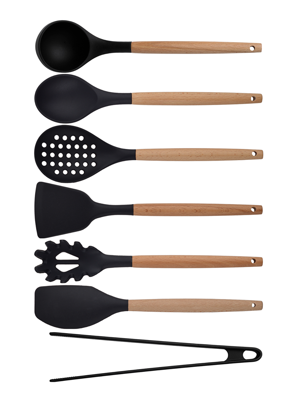 Kitchen Design Lab Siyah Bambu Silikon - Kepçe, Kaşık, Kevgir, Makarna, Açılı - Düz Spatula, Silikon Maşa 7 li Set