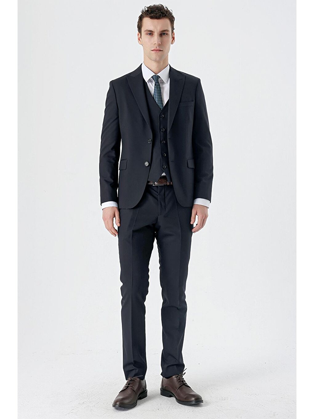 Koyu Lacivert Kırlangıç Yaka Yelekli Elastanlı 6 Drop Slim Fit Klasik Takım Elbise 1001240150-3