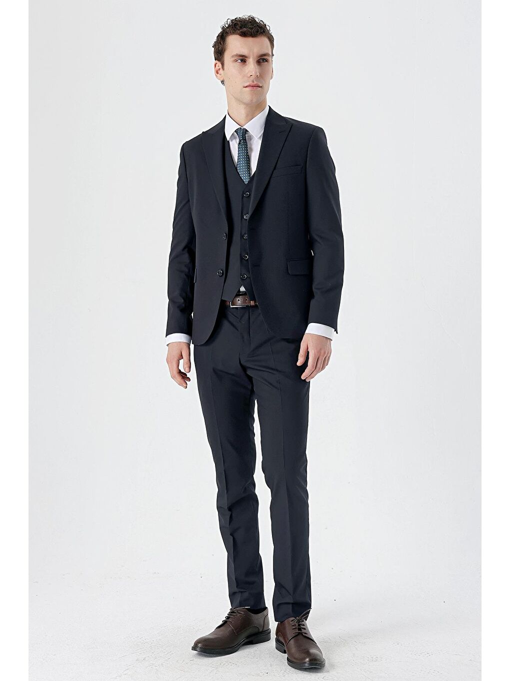 Koyu Lacivert Kırlangıç Yaka Yelekli Elastanlı 6 Drop Slim Fit Klasik Takım Elbise 1001240150-4