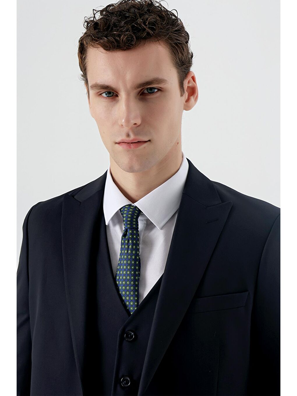 Koyu Lacivert Kırlangıç Yaka Yelekli Elastanlı 6 Drop Slim Fit Klasik Takım Elbise 1001240150-5