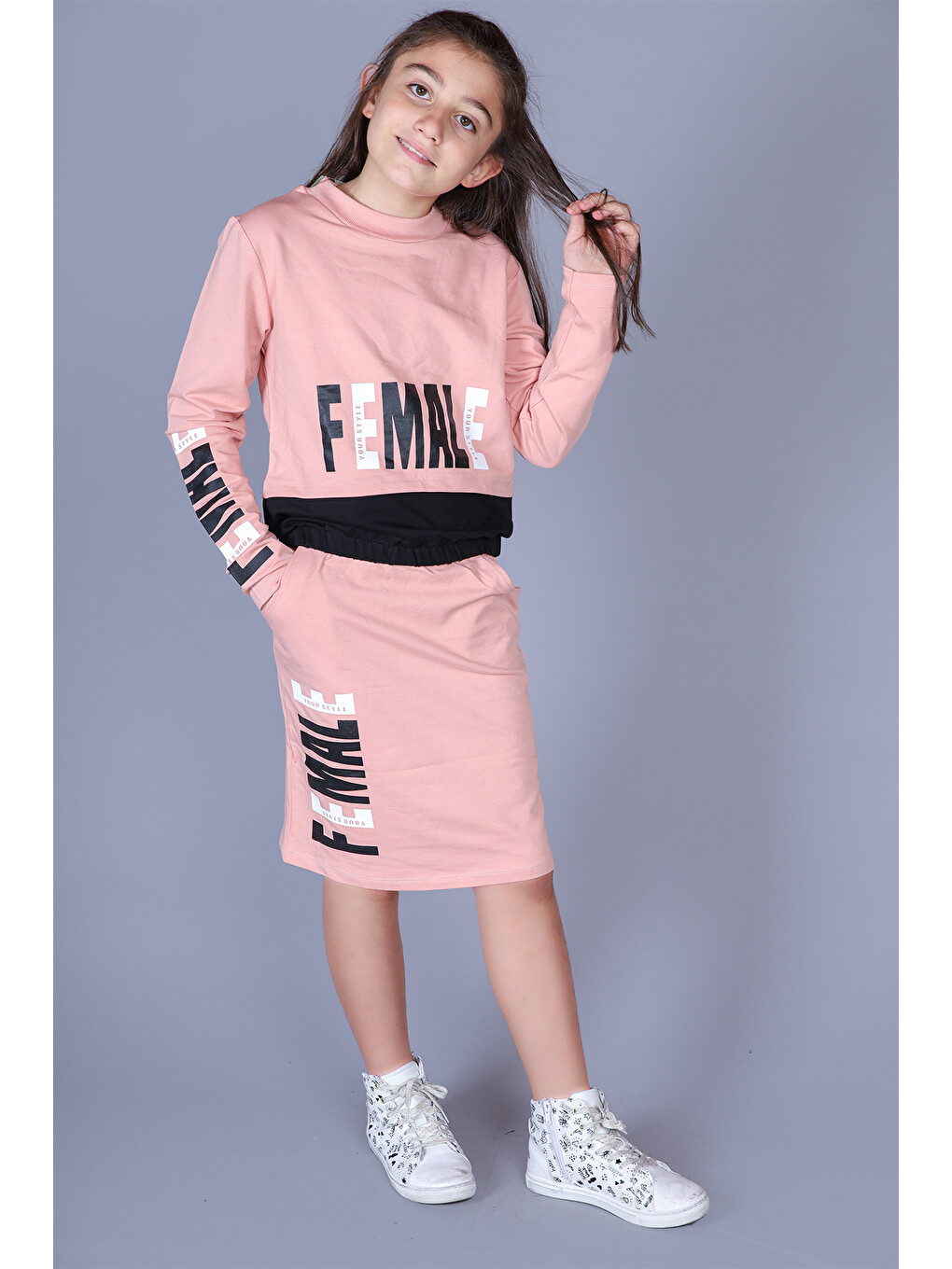 Pembe Kız Çocuk Female Baskılı Etekli Takım