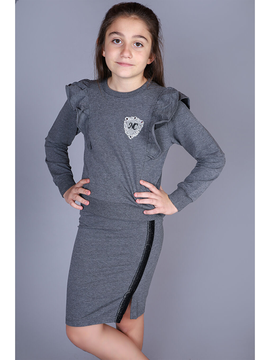 Antrasit Kız Çocuk NC Nakışlı Etekli Takım