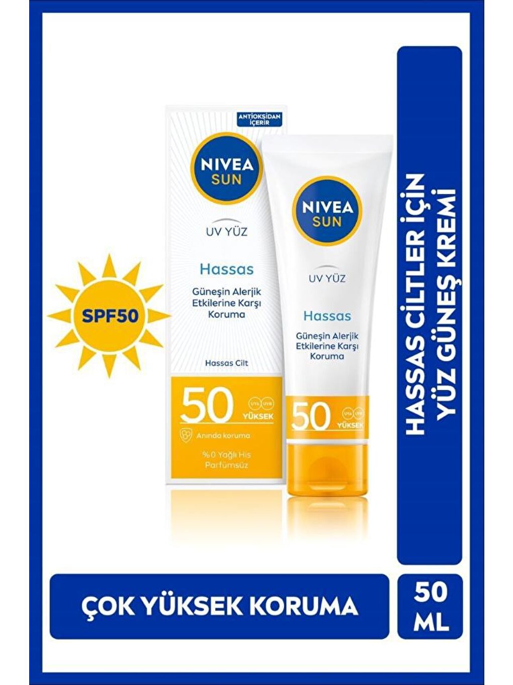 NIVEA Şeffaf Sun Spf50 Hassas Yatıştıran Ne mlendirici Yüz Güneş Kremi 50 ml, Çok Yüksek Güneş Koruyucu