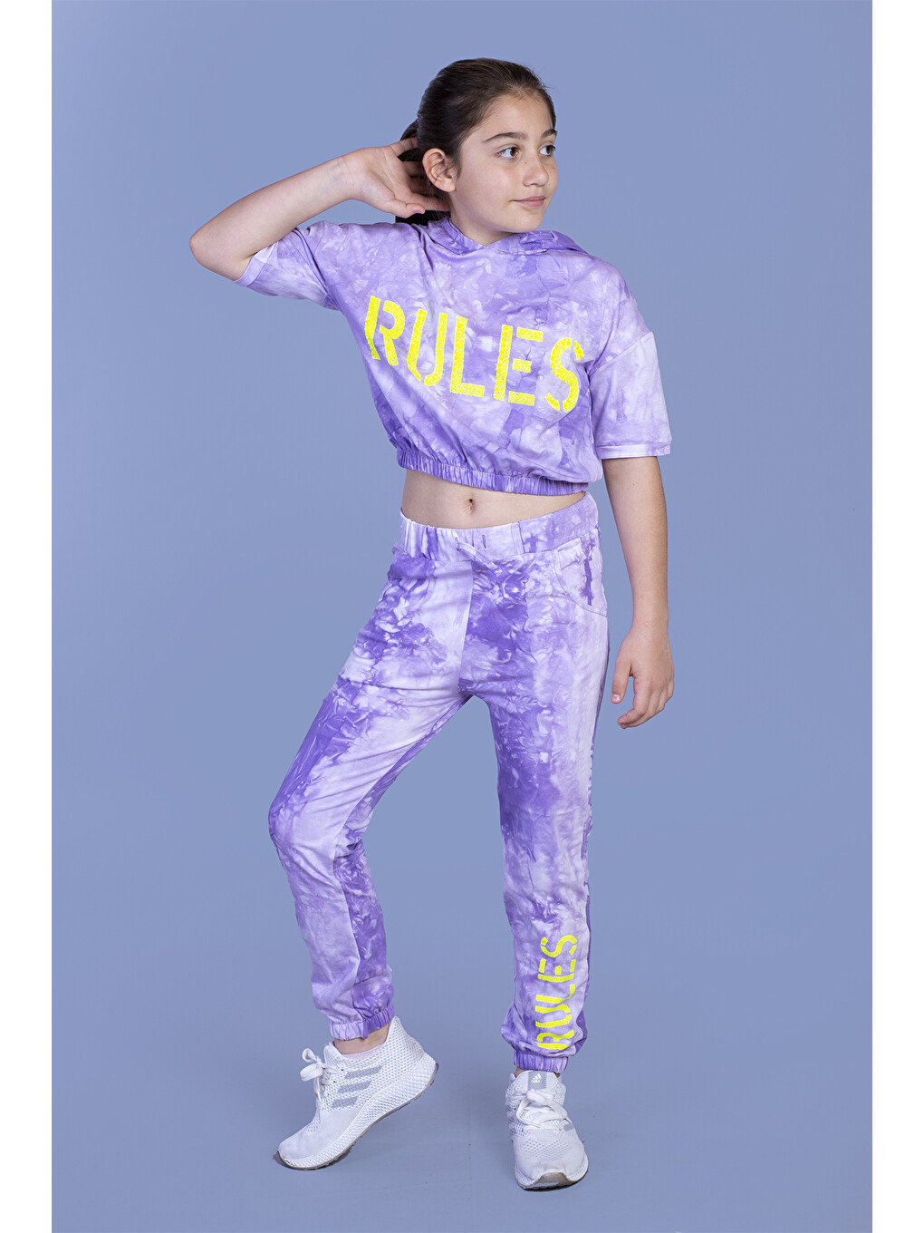 Lila Kız Çocuk Rules Baskılı Batik Desenli Crop Eşofman Takımı