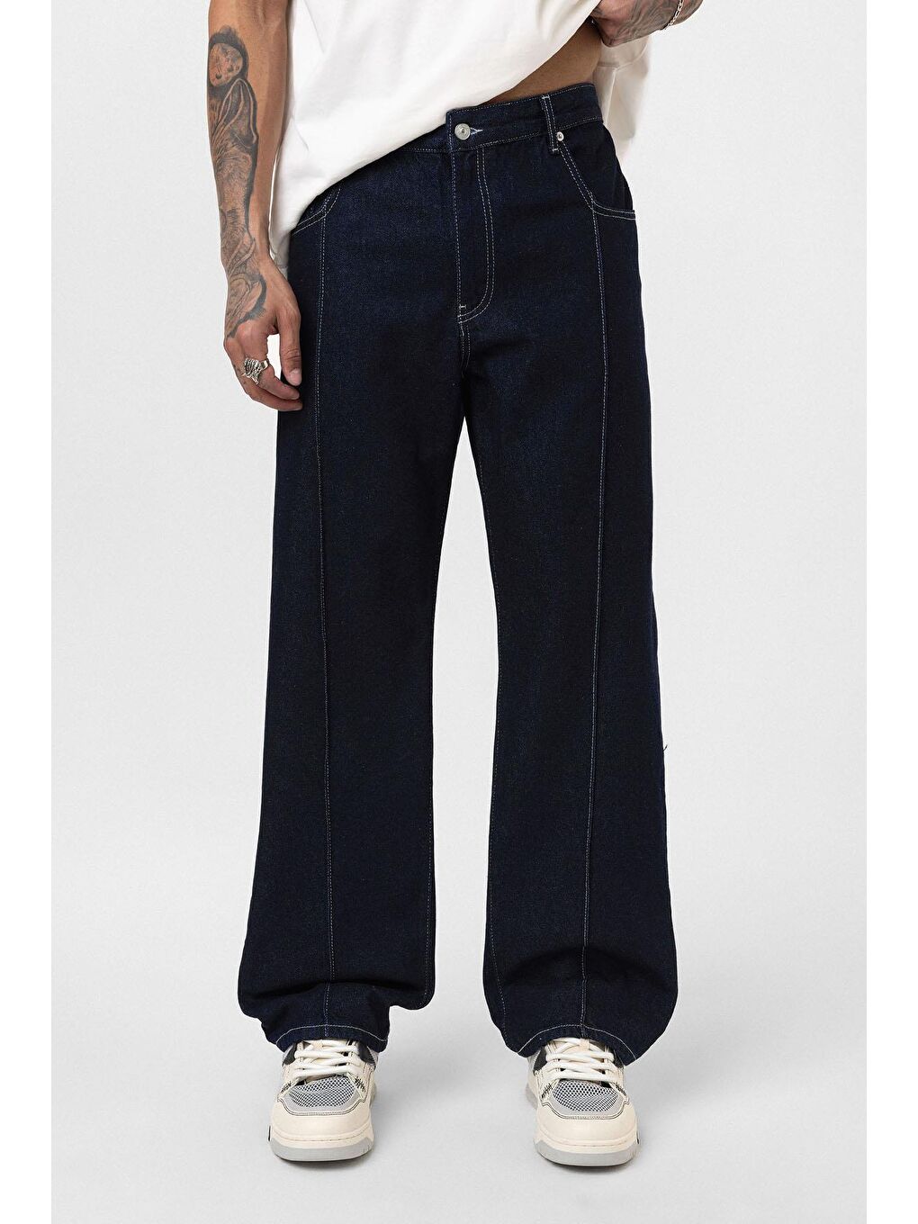 Dikiş Detaylı Relaxed Fit Jean Koyu Mavi-2