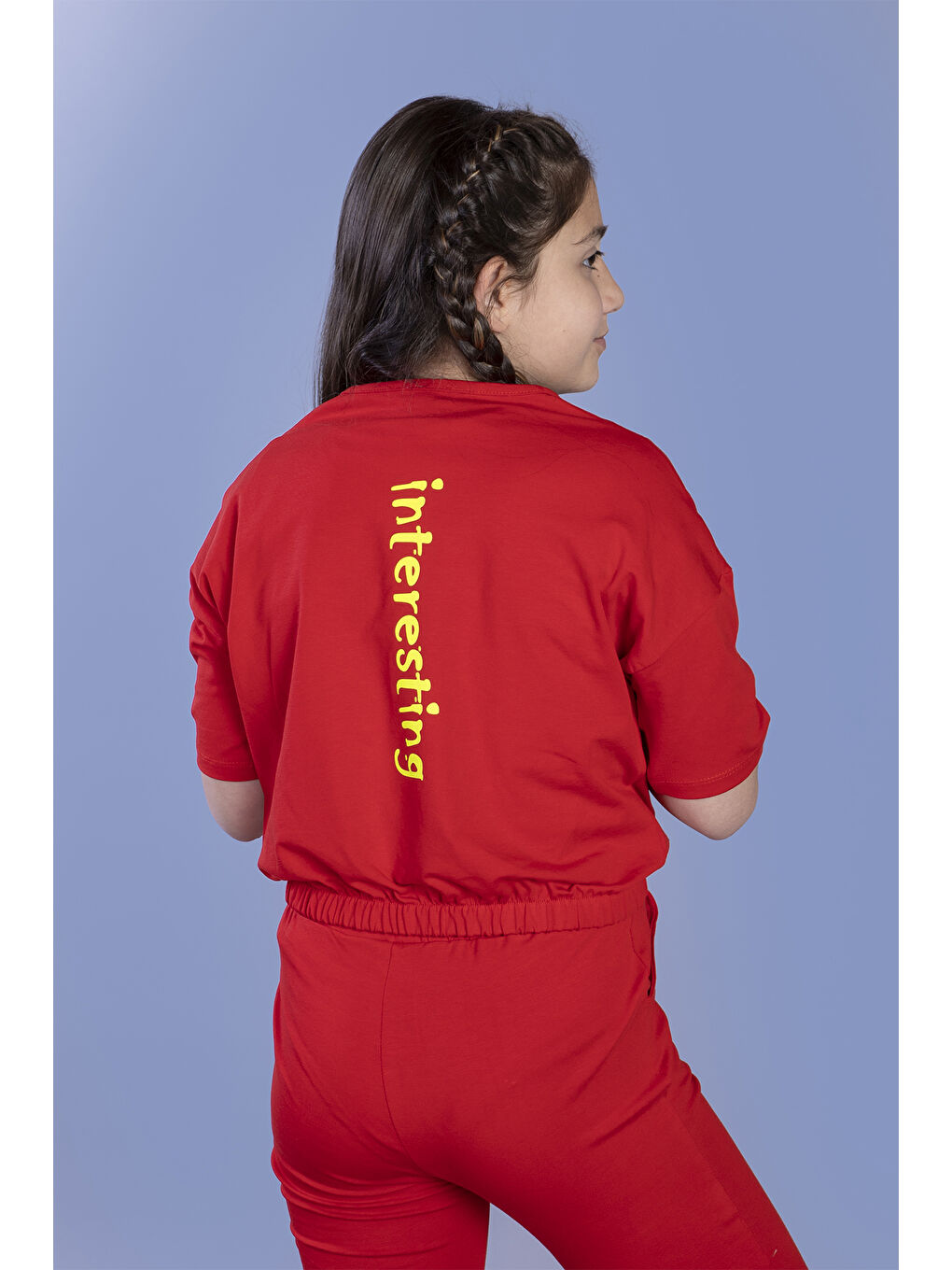 Kırmızı Kız Çocuk Crop Model Cep Detaylı Baskılı Eşofman Takımı-1