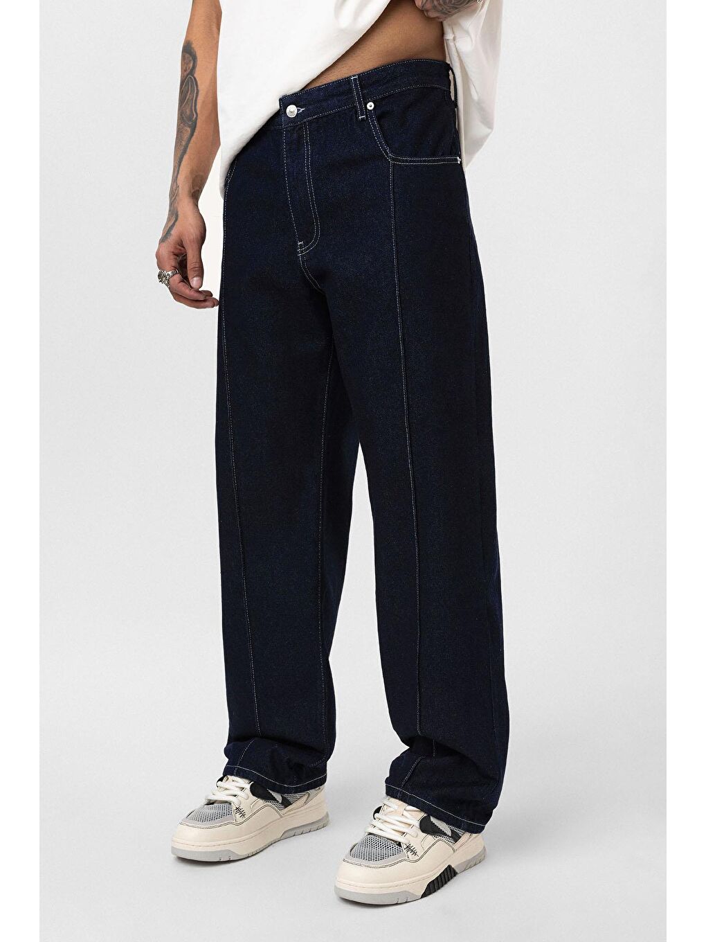 Dikiş Detaylı Relaxed Fit Jean Koyu Mavi-3