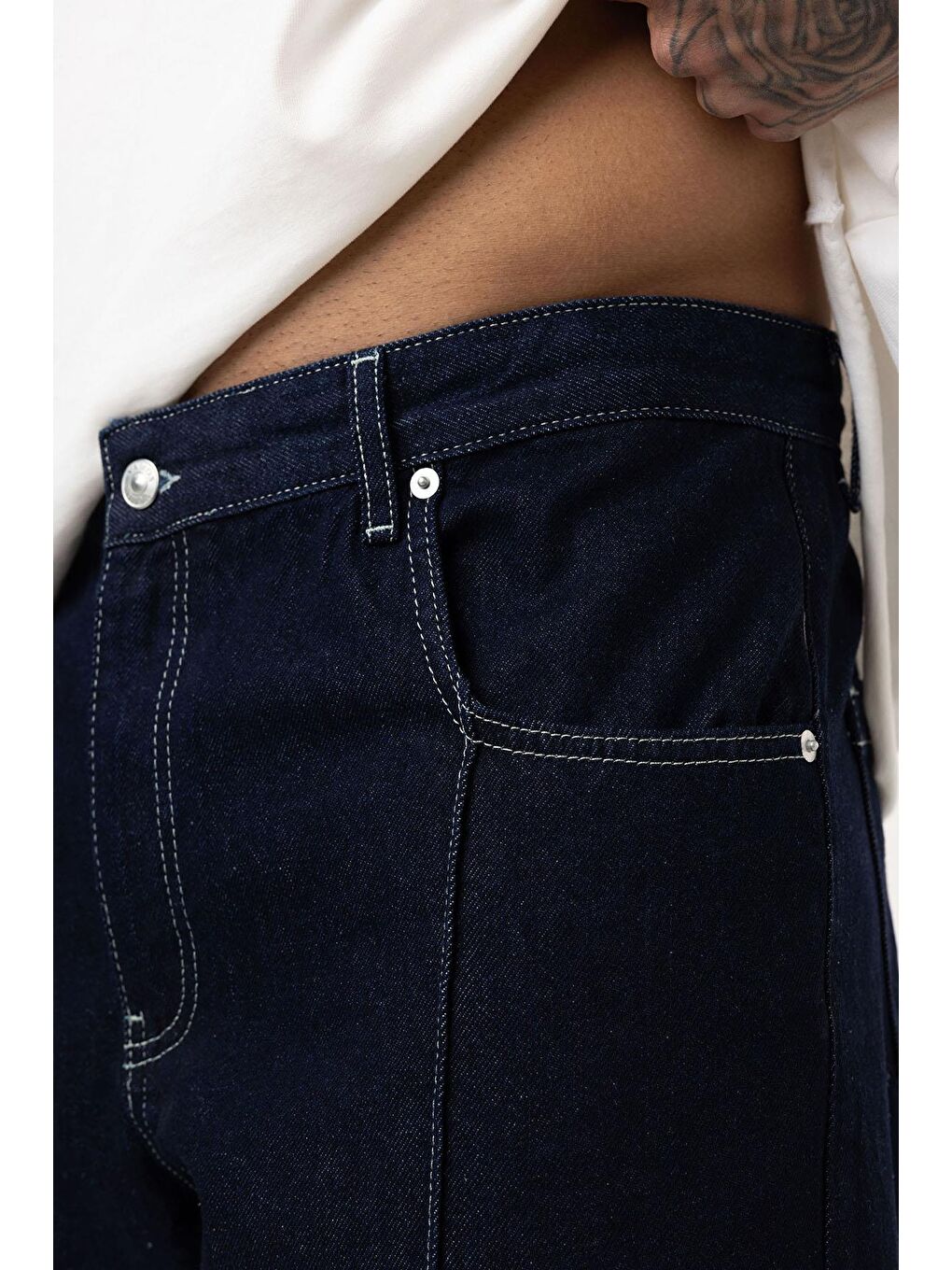 Dikiş Detaylı Relaxed Fit Jean Koyu Mavi-4