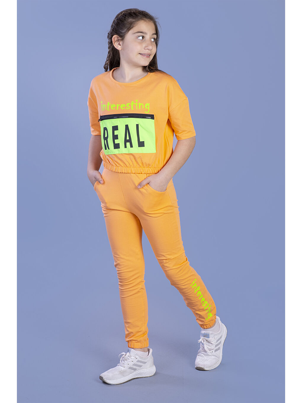 Turuncu Kız Çocuk Crop Model Cep Detaylı Baskılı Eşofman Takımı