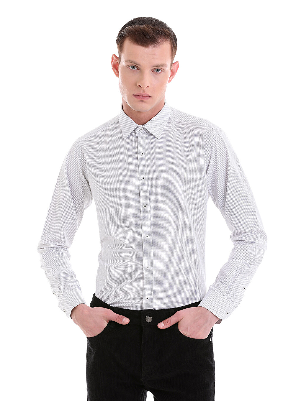 Siyah Beyaz Slim Fit Baskılı Pamuklu Slim Yaka Uzun Kollu Klasik Gömlek
