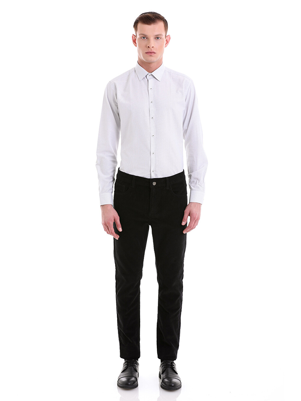 Siyah Beyaz Slim Fit Baskılı Pamuklu Slim Yaka Uzun Kollu Klasik Gömlek-1