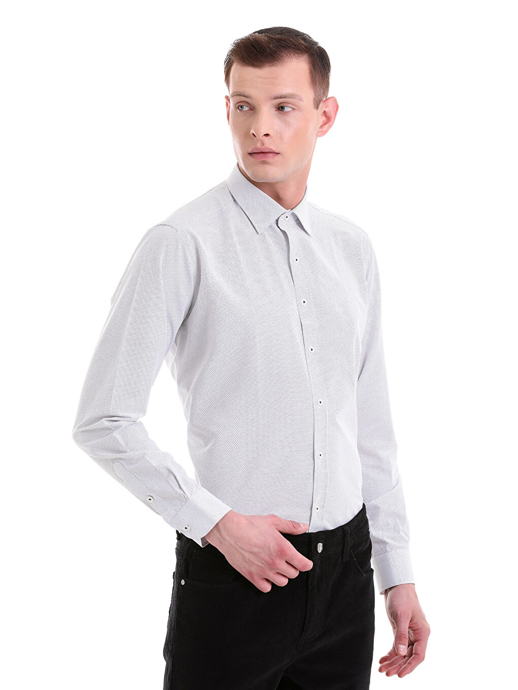 Siyah Beyaz Slim Fit Baskılı Pamuklu Slim Yaka Uzun Kollu Klasik Gömlek-2