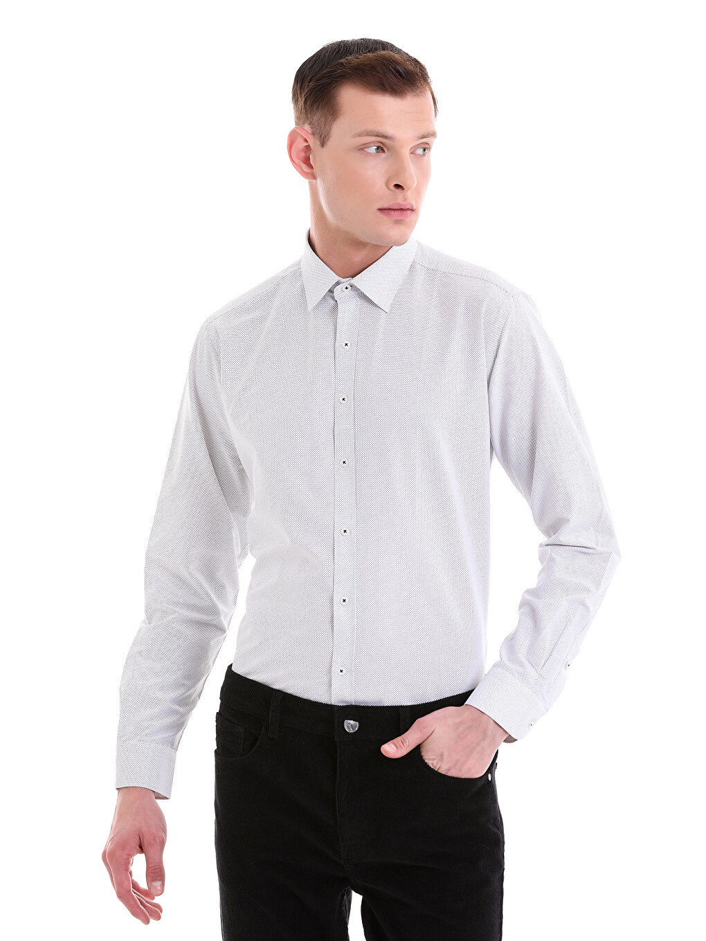 Siyah Beyaz Slim Fit Baskılı Pamuklu Slim Yaka Uzun Kollu Klasik Gömlek-3