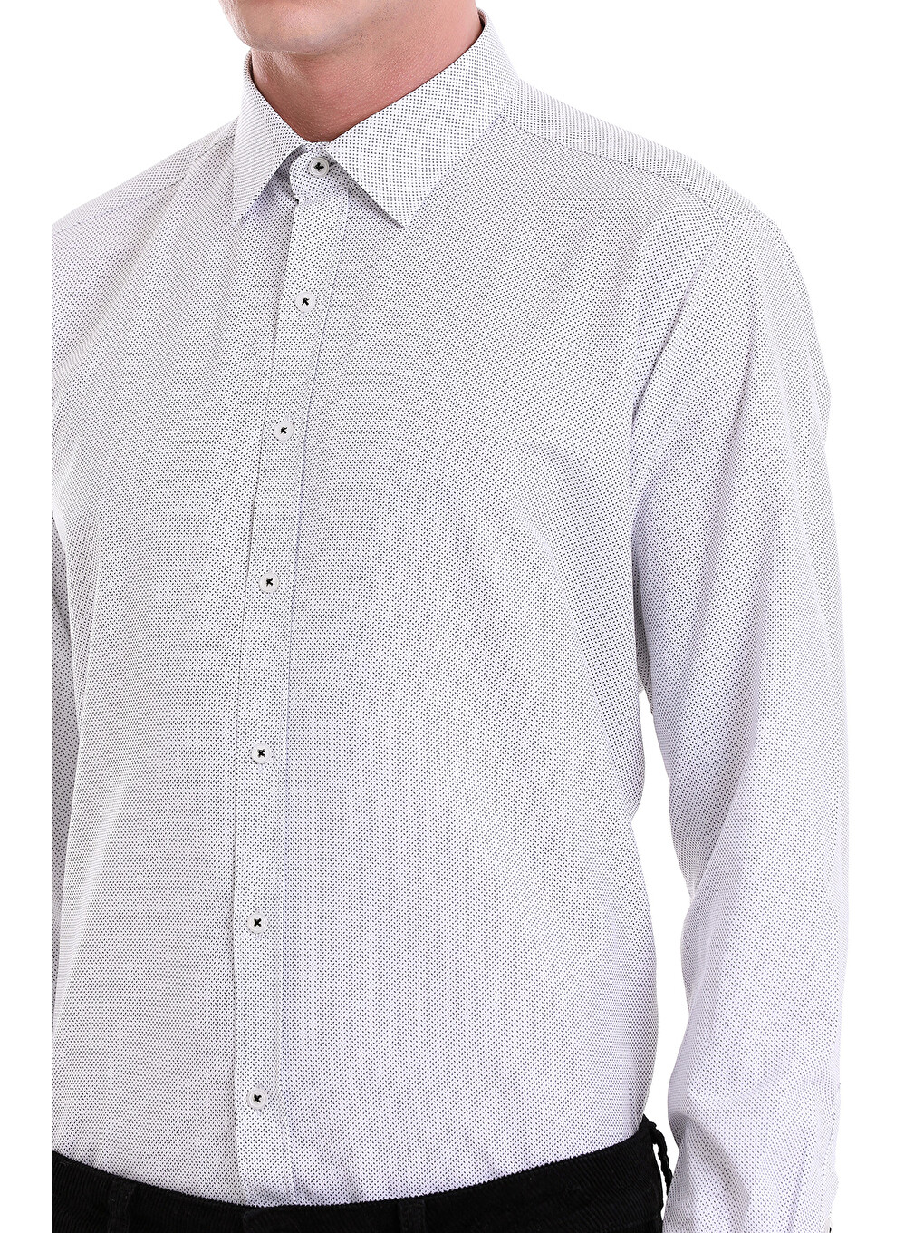 Siyah Beyaz Slim Fit Baskılı Pamuklu Slim Yaka Uzun Kollu Klasik Gömlek-4