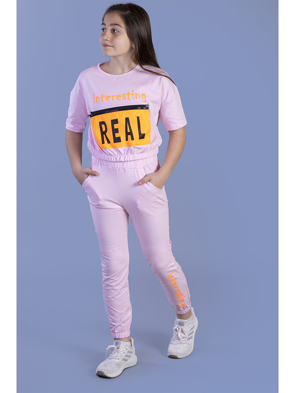 Pembe Kız Çocuk Crop Model Cep Detaylı Baskılı Eşofman Takımı-2