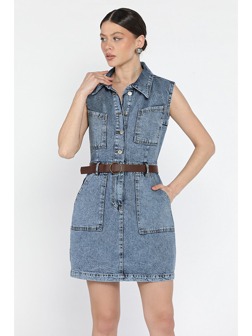 Mavi Kadın Gömlek Yaka Ön Düğmeli Kemer Detaylı Jean Elbise