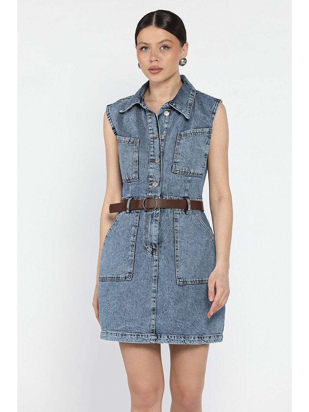 Mavi Kadın Gömlek Yaka Ön Düğmeli Kemer Detaylı Jean Elbise-1