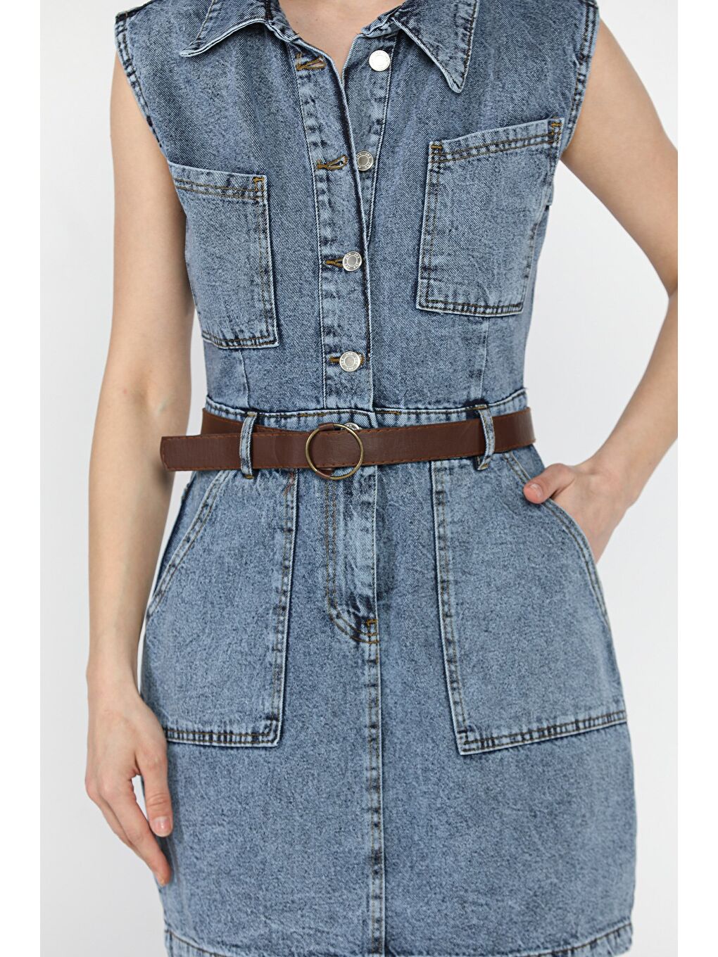 Mavi Kadın Gömlek Yaka Ön Düğmeli Kemer Detaylı Jean Elbise-3