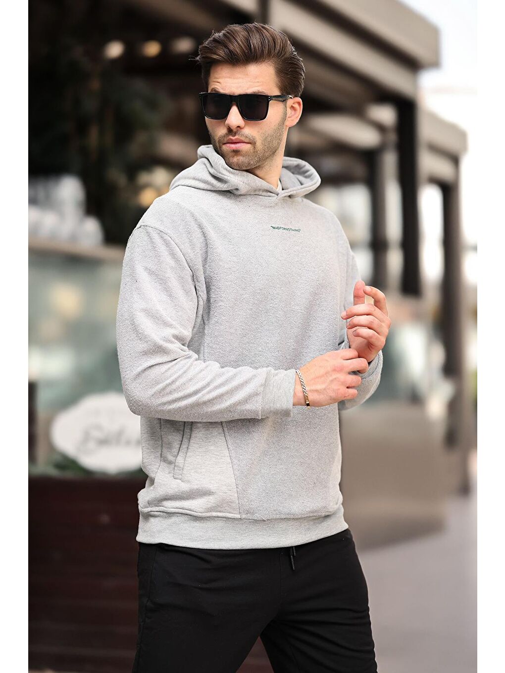 Madmext Gri Melanj Grimelanj Kapüşonlu Cep Detaylı Nakışlı Erkek Sweatshirt Hoodie - 1