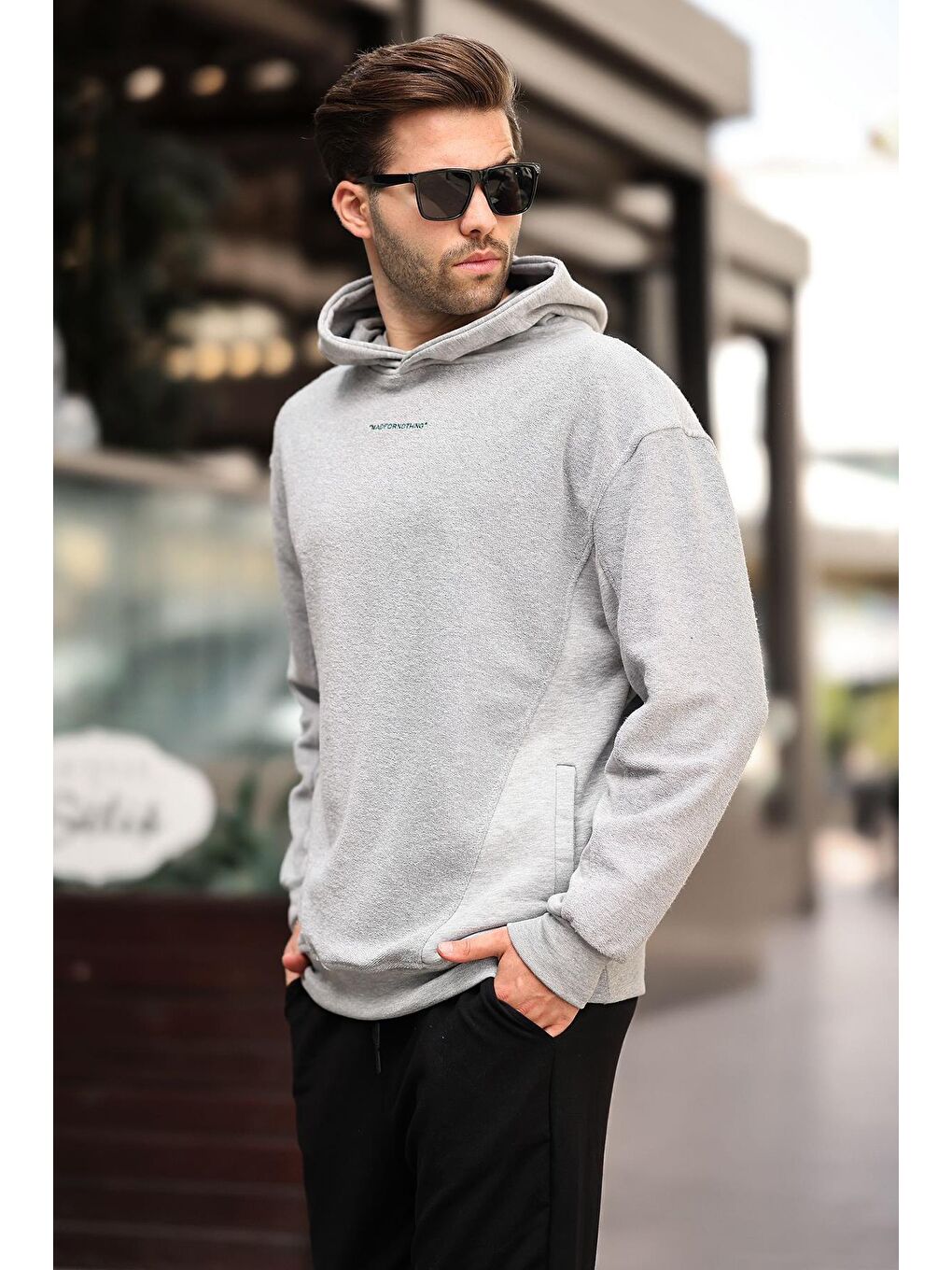 Madmext Gri Melanj Grimelanj Kapüşonlu Cep Detaylı Nakışlı Erkek Sweatshirt Hoodie - 2