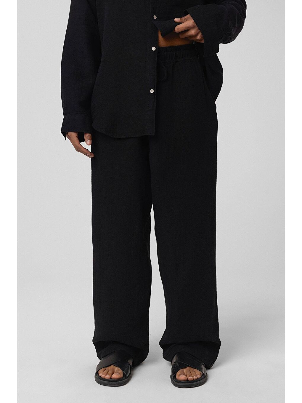 Baggy Fit Müslin Keten Pantolon Siyah