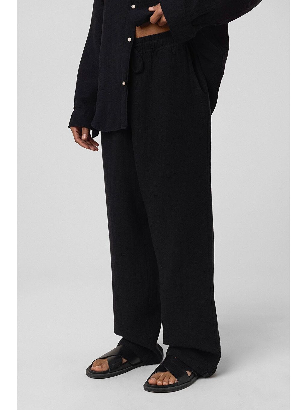 Baggy Fit Müslin Keten Pantolon Siyah-1