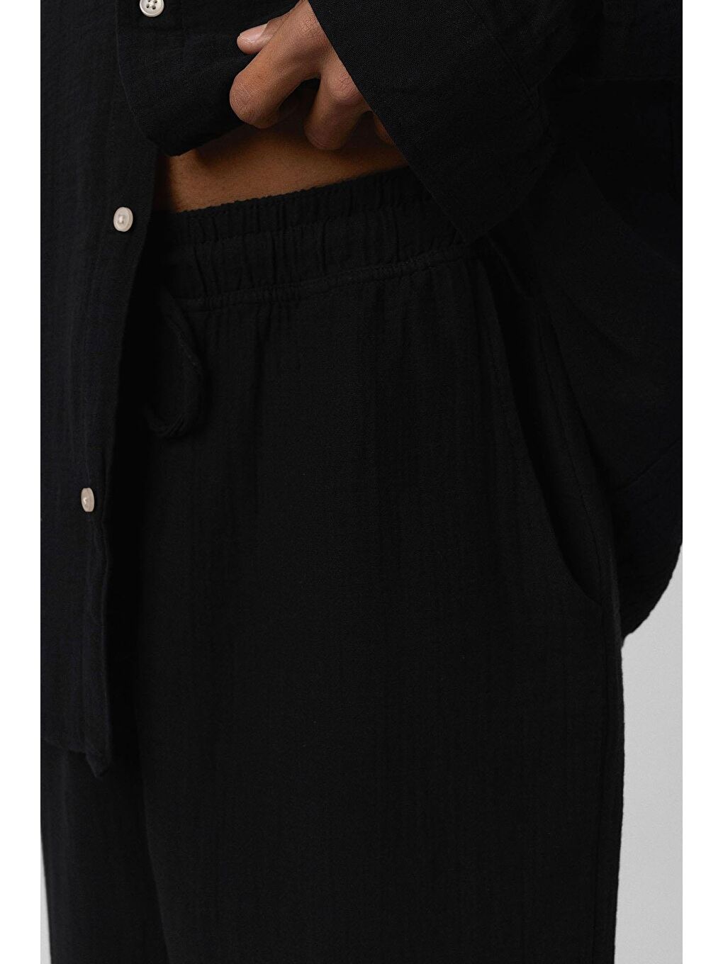 Baggy Fit Müslin Keten Pantolon Siyah-2