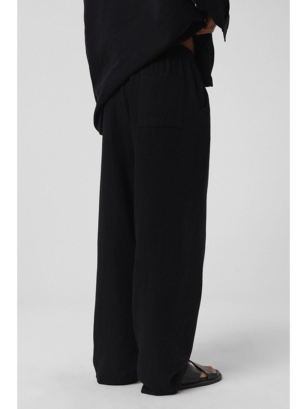 Baggy Fit Müslin Keten Pantolon Siyah-3